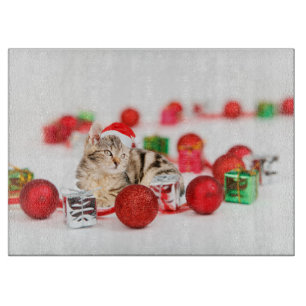 Katze mit roter Weihnachtsmannmütze Weihnachtsdeko Schneidebrett