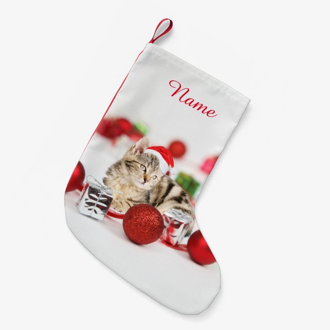 Katze mit roter Weihnachtsmannmütze Weihnachtsschm Kleiner Weihnachtsstrumpf (Vorderansicht (hängend))