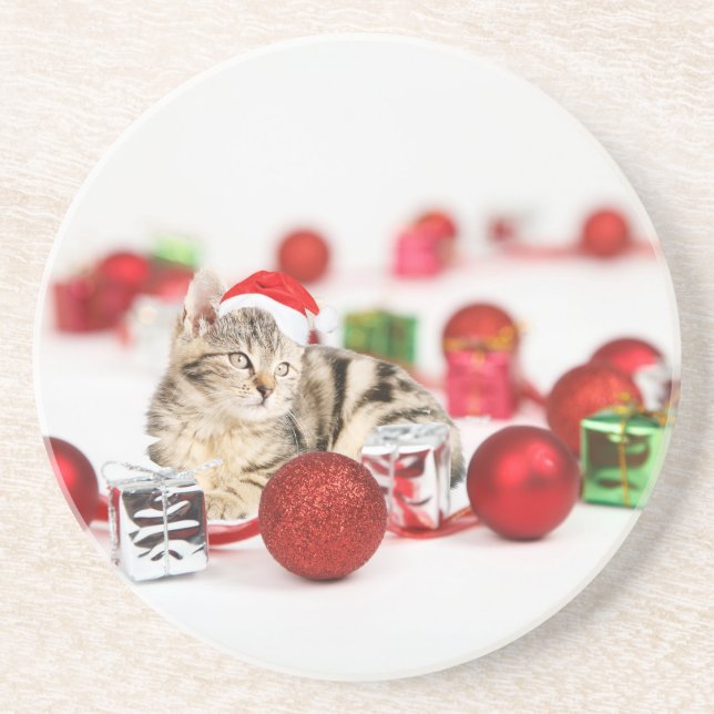 Katze mit roter Weihnachtsmannmütze Weihnachtsschm Untersetzer (Vorne)