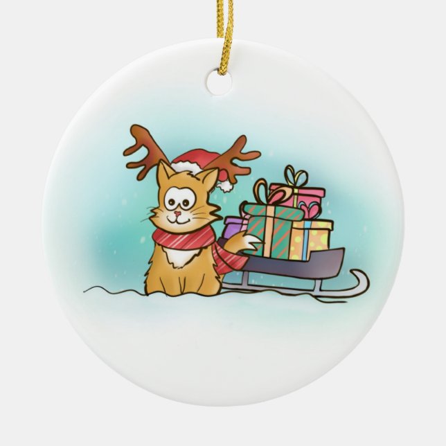Katze mit Santa Reindeer Hut, der Präsenzen liefer Keramik Ornament (Vorne)