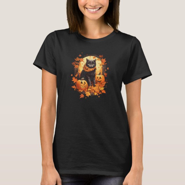Katze mit Scarf Posing mit Pumpkin Felge Herbst T-Shirt (Vorderseite)