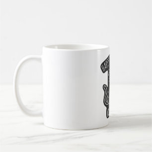 Katze mit scharfen Klauen glücklich, den Rücken zu Kaffeetasse