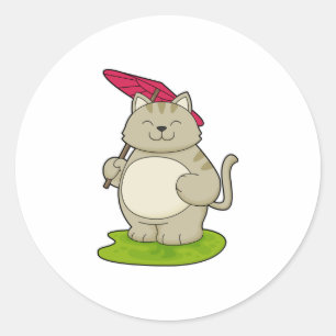 Katze mit Schirm Runder Aufkleber