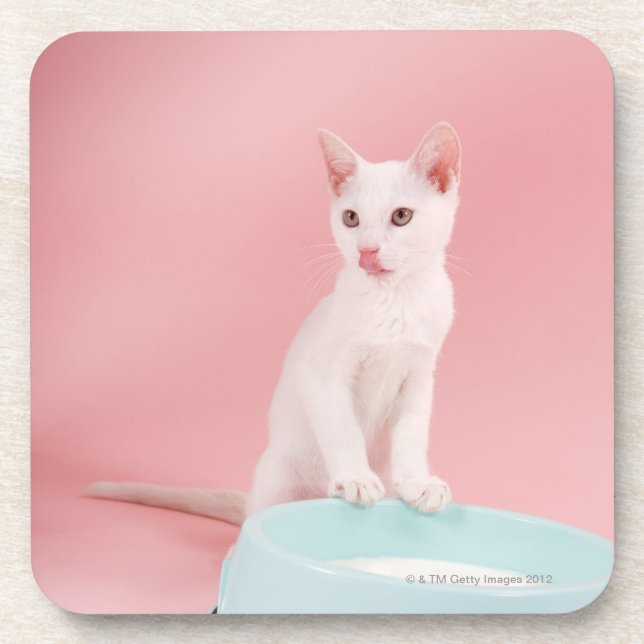Katze mit Schüssel Milch Getränkeuntersetzer (Vorderseite)