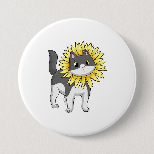 Katze mit Sonnenblume Button (Vorderseite)