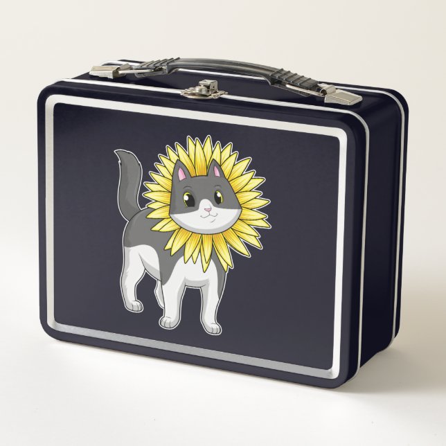 Katze mit Sonnenblume Metall Brotdose (Vorderseite)