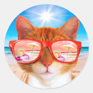 Katze mit Sonnenbrille am Strand Runder Aufkleber