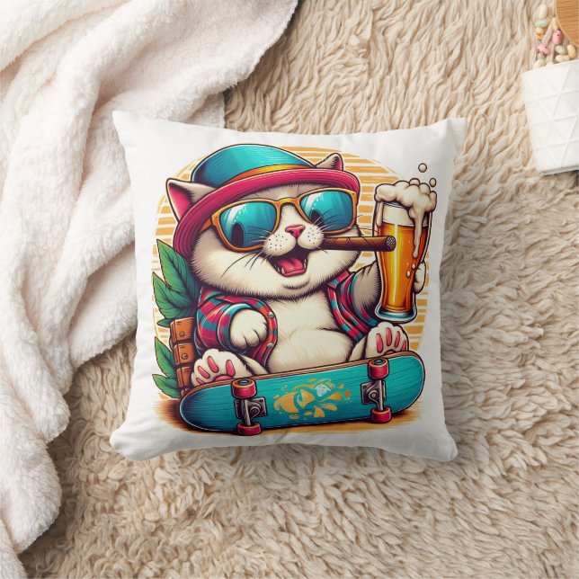 Katze mit Sonnenbrille auf einem Skateboard Kissen (Decke)