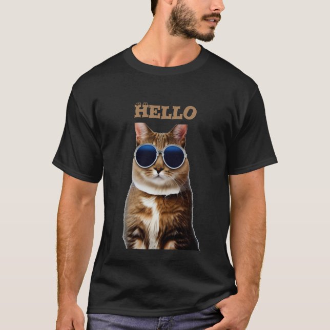 Katze mit Sonnenbrille Hello Herren Basic Dunkles  T-Shirt (Vorderseite)