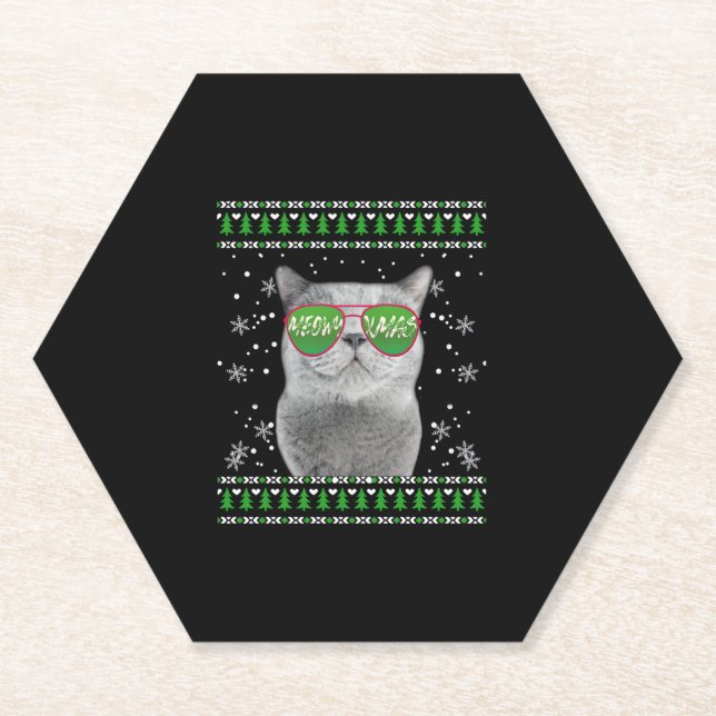Katze mit Sonnenbrille Meowy Ugly Weihnachtskraut Untersetzer (Vorderseite)