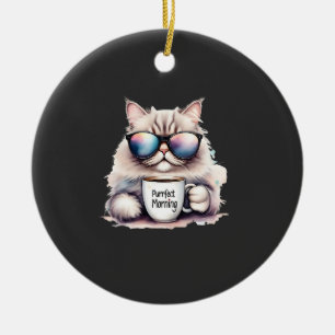 Katze mit Sonnenbrille und einer Kaffeetasse Keramik Ornament