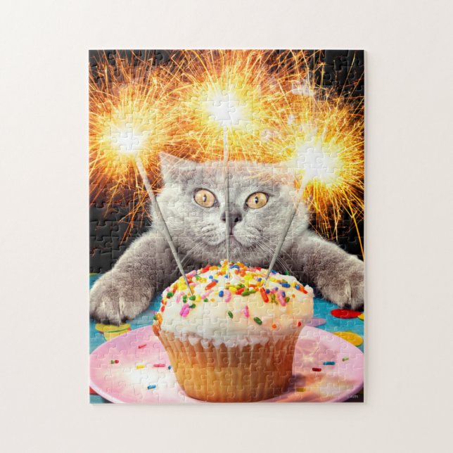 Katze mit Sparklerkuchen (Vertikal)