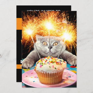 Katze mit Sparklerkuchen Einladung