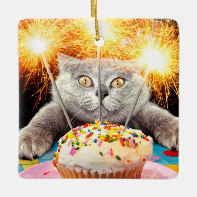 Katze mit Sparklerkuchen Keramikornament (Vorderseite)