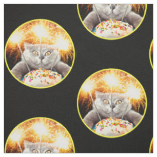 Katze mit Sparklerkuchen Stoff