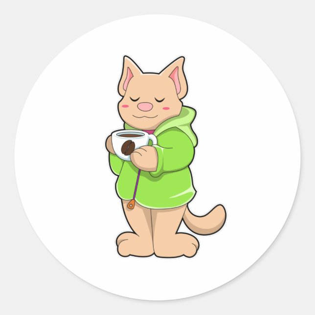 Katze mit Tasse Kaffee & Pajamas Runder Aufkleber (Vorderseite)