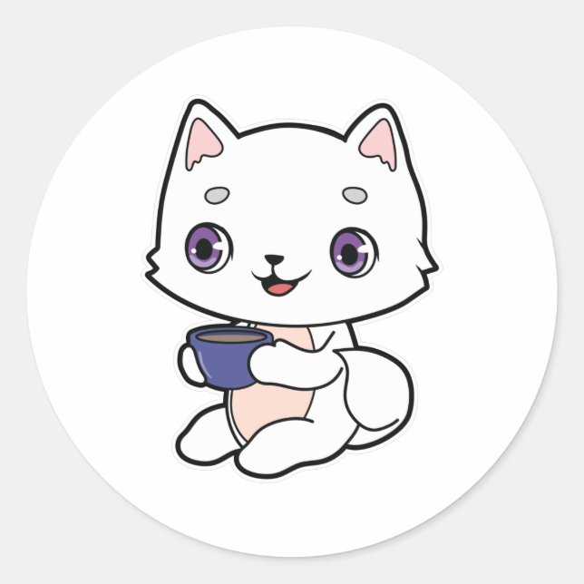 Katze mit Tasse Kaffee Runder Aufkleber (Vorderseite)