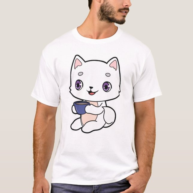 Katze mit Tasse Kaffee T-Shirt (Vorderseite)