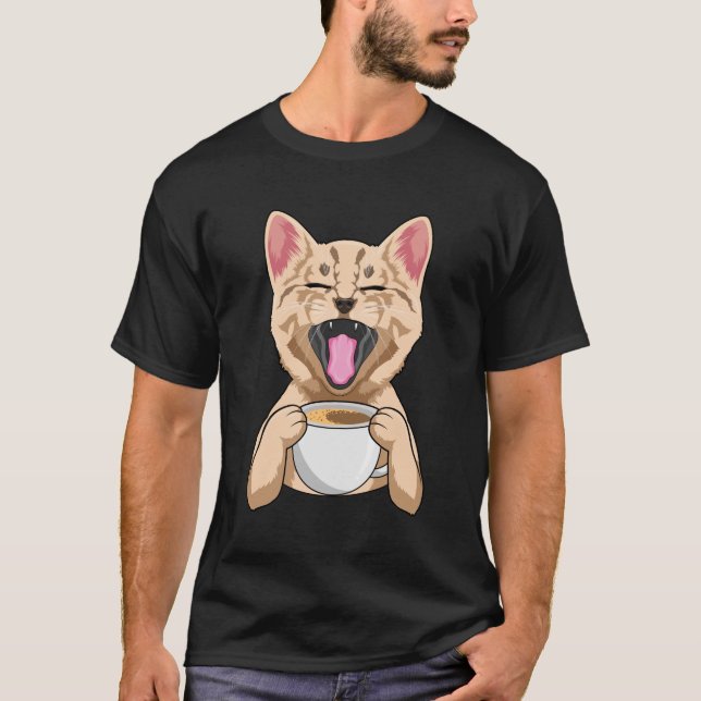 Katze mit Tasse Kaffee T-Shirt (Vorderseite)