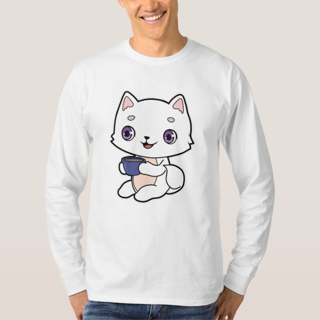 Katze mit Tasse Kaffee T-Shirt (Vorderseite)
