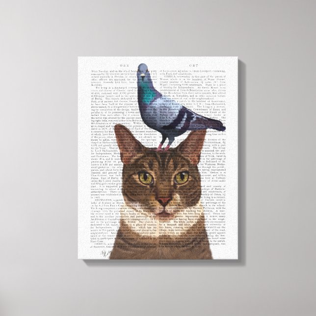 Katze mit Taube auf Kopf Leinwanddruck (Vorderseite)