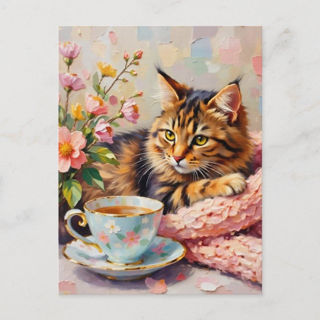 Katze mit Tee-Cup Postkarte (Vorderseite)