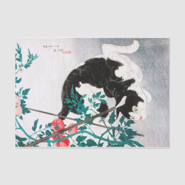 Katze mit Tomato-Pflanze (1931) von Hiroaki Takaha Seidenpapier (Vorderseite)