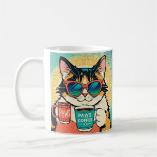 Katze mit überdimensionaler Sonnenbrille und einem Kaffeetasse