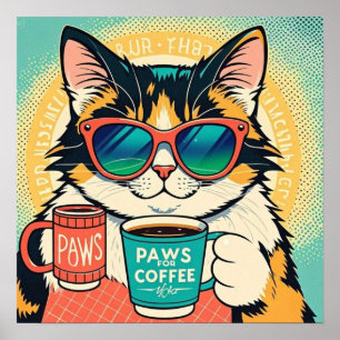 Katze mit übergroßer Sonnenbrille, eine Kaffeetass Poster