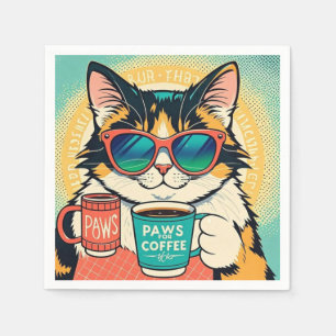 Katze mit übergroßer Sonnenbrille, hält einen Kaff Serviette