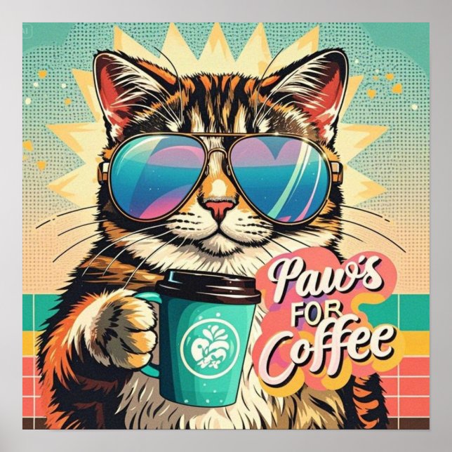 Katze mit übergroßer Sonnenbrille und Kaffee Poster (Vorne)
