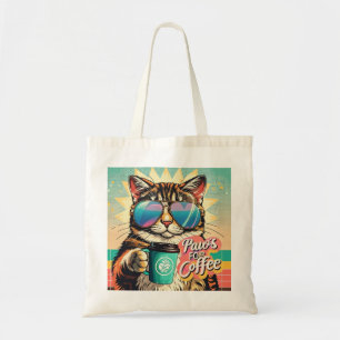 Katze mit übergroßer Sonnenbrille und Kaffee Tragetasche