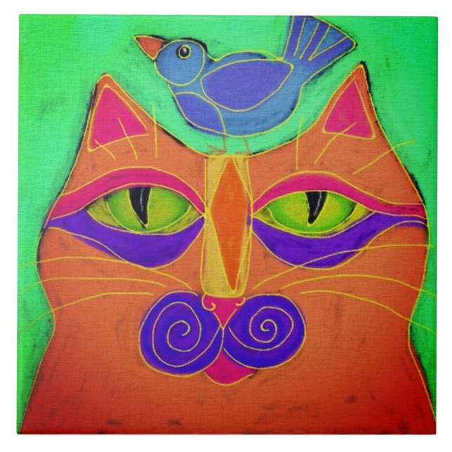Katze mit Vogel auf Kopf Abstrakte Malerei Fliese (Vorderseite)