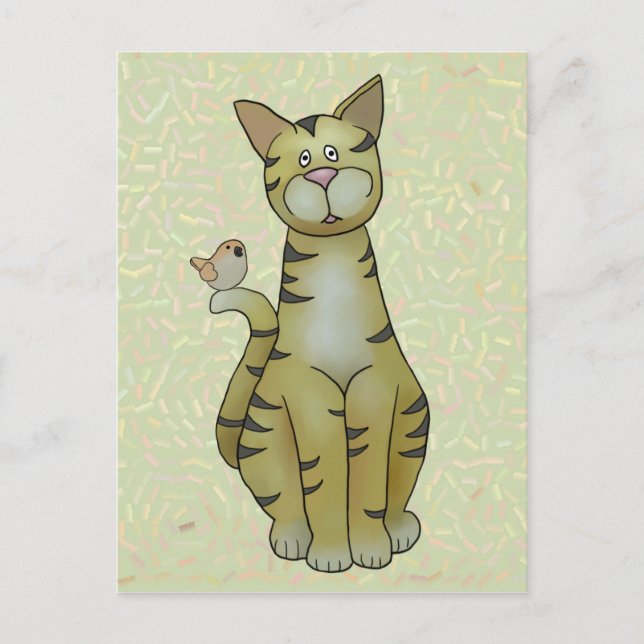 Katze mit Vogel Postkarte (Vorderseite)