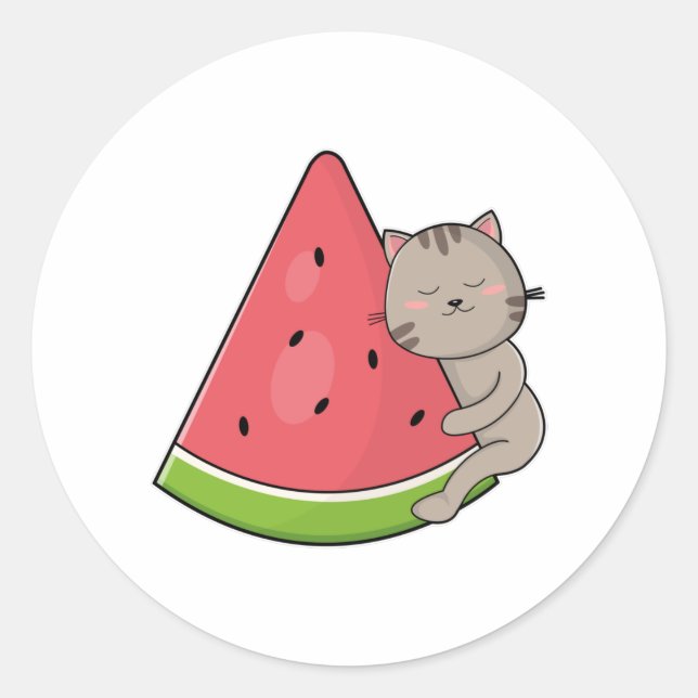 Katze mit Watermelon Runder Aufkleber (Vorderseite)