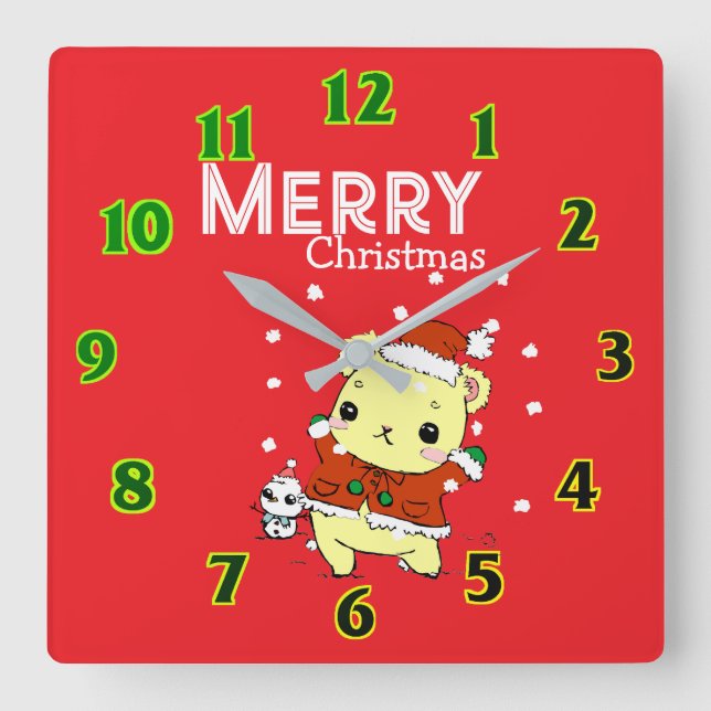 Katze mit Weihnachten Quadratische Wanduhr (Vorderseite)