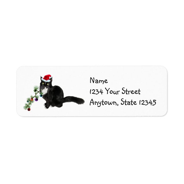 Katze mit Weihnachtsbaum-Rücksendeadressen-Aufkleb (Vorne)