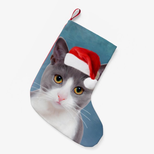 Katze mit Weihnachtsmannmütze Weihnachtsportrait Kleiner Weihnachtsstrumpf (Vorderansicht (hängend))