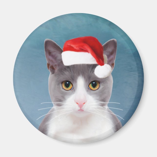 Katze mit Weihnachtsmannmütze Weihnachtsportrait Magnet (Vorne)