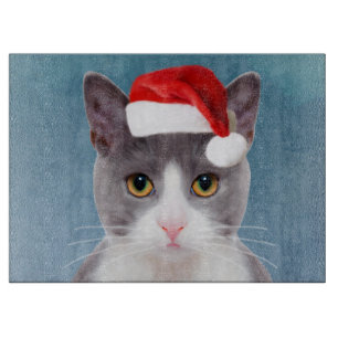 Katze mit Weihnachtsmannmütze Weihnachtsportrait Schneidebrett