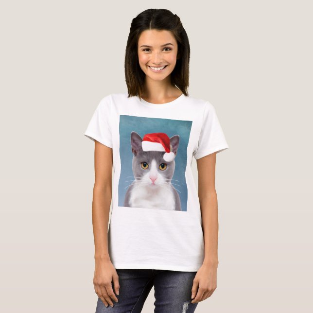 Katze mit Weihnachtsmannmütze Weihnachtsportrait T-Shirt (Vorne ganz)