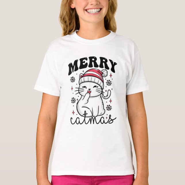 Katze mit Weihnachtsmannmütze X-Mas Holiday Merry  T-Shirt (Vorderseite)