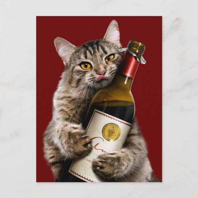 Katze mit Weinflasche Einladungspostkarte (Vorderseite)