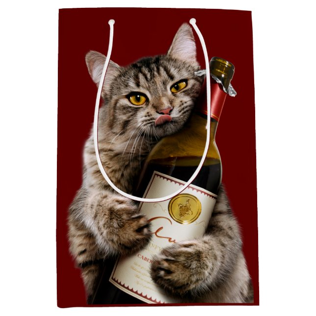 Katze mit Weinflasche Mittlere Geschenktüte (Vorderseite)