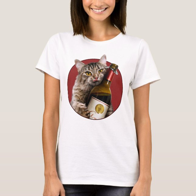 Katze mit Weinflasche T-Shirt (Vorderseite)