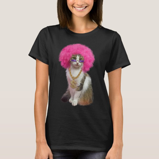 Katze mit Wig T-Shirt (Vorderseite)