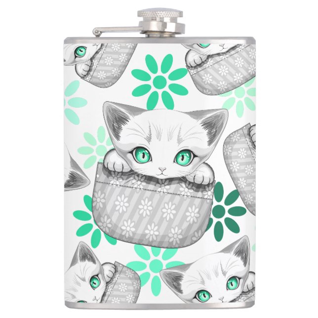 Katze Niedlich und spielerisch aus einem Pocket Flachmann (Vorderseite)