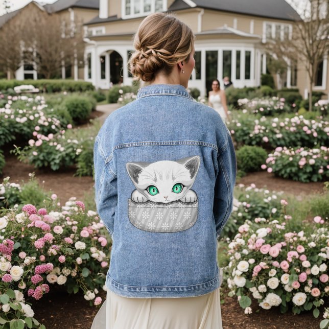 Katze Niedlich und spielerisch aus einem Pocket Jeansjacke (Hochzeit Rückseite)