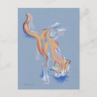 Katze Pastel Orange und weiße Tablette auf blauem  Postkarte