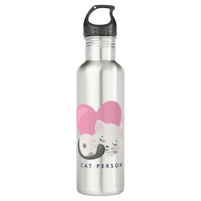 Katze Person Text Niedlich White Kitty Cat Schlafe Edelstahlflasche (Vorderseite)